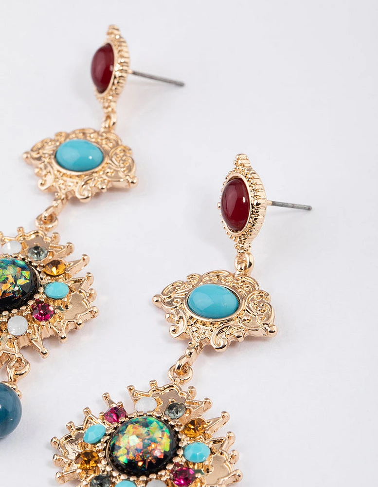 Gold Mixed Jewel Drop Chandbali Earrings