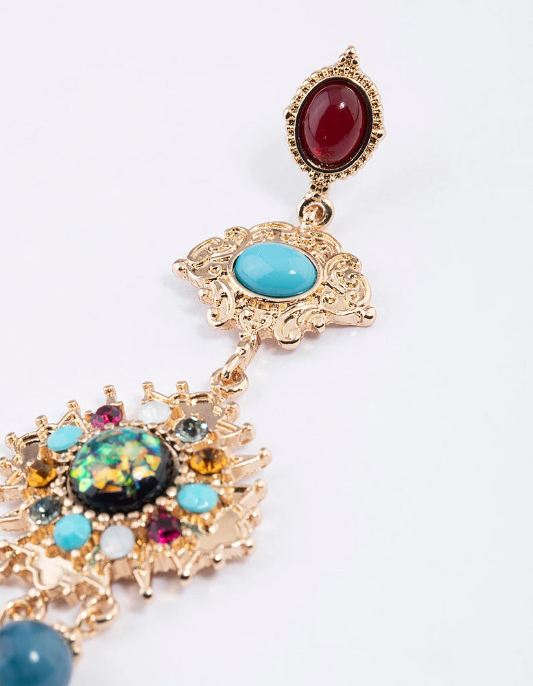 Gold Mixed Jewel Drop Chandbali Earrings