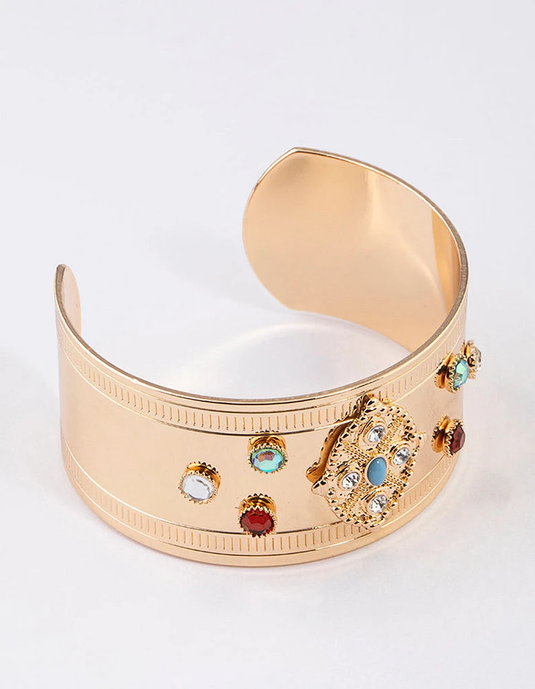 Gold Mixed Stone Cuff Bangle