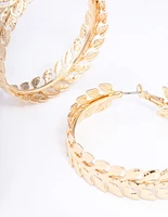 Gold Hammered Leaf Wrapped Hoop Earrings