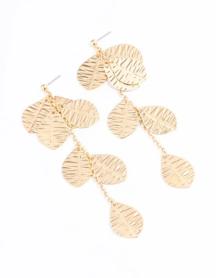 Gold Textured Layered Leaf Drop Earrings