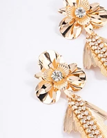 Gold Flower Petal Cupchain Drop Earrings