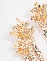 Gold Statement Diamante Flower Drop Earrings