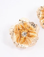 Gold Diamante Textured Flower Stud Earrings