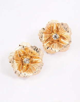 Gold Diamante Textured Flower Stud Earrings