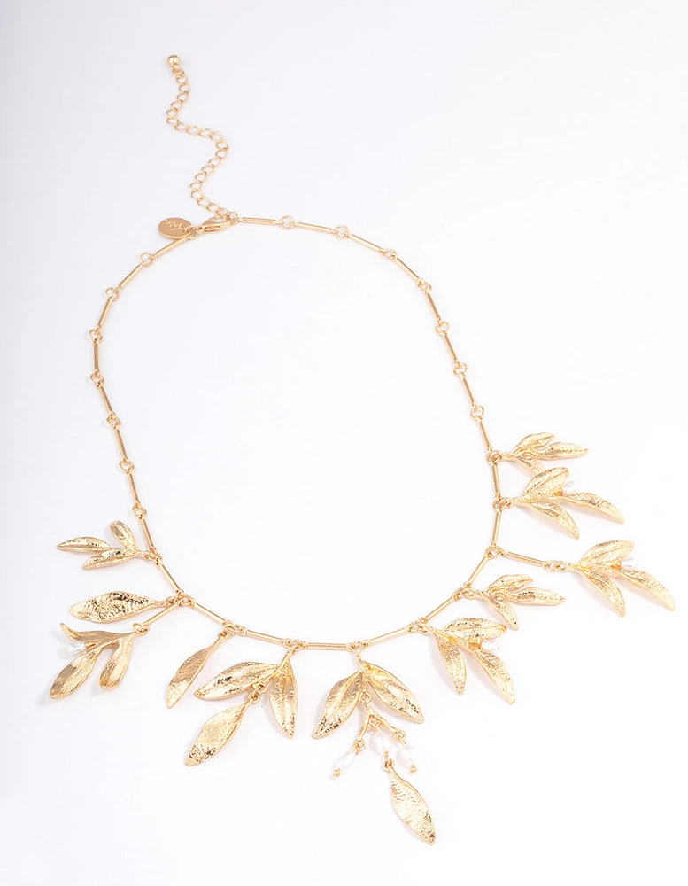 Gold Dainty Leaf & Pearl Necklace