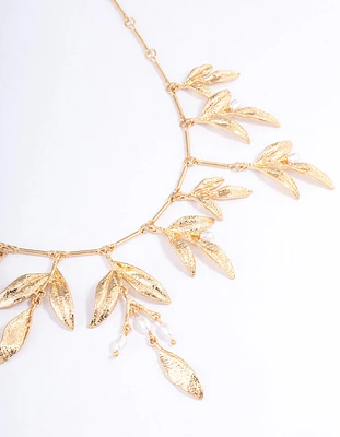 Gold Dainty Leaf & Pearl Necklace