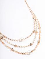 Gold Triple Row Mixed Circle Beaded Necklace