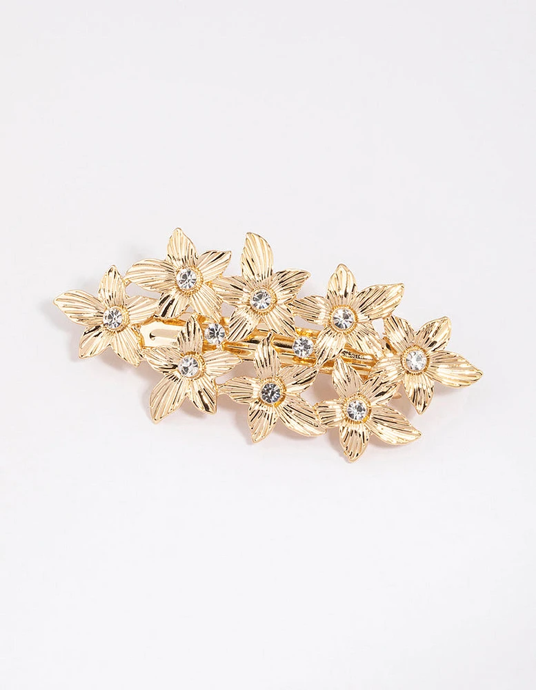Gold Etched Diamante Floral Clip