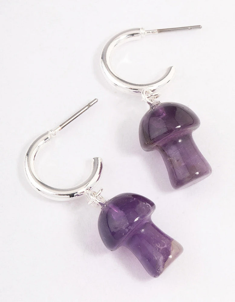 Silver Amethyst Moon & Mushroom Huggie Hoop Earrings