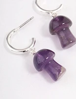 Silver Amethyst Moon & Mushroom Huggie Hoop Earrings