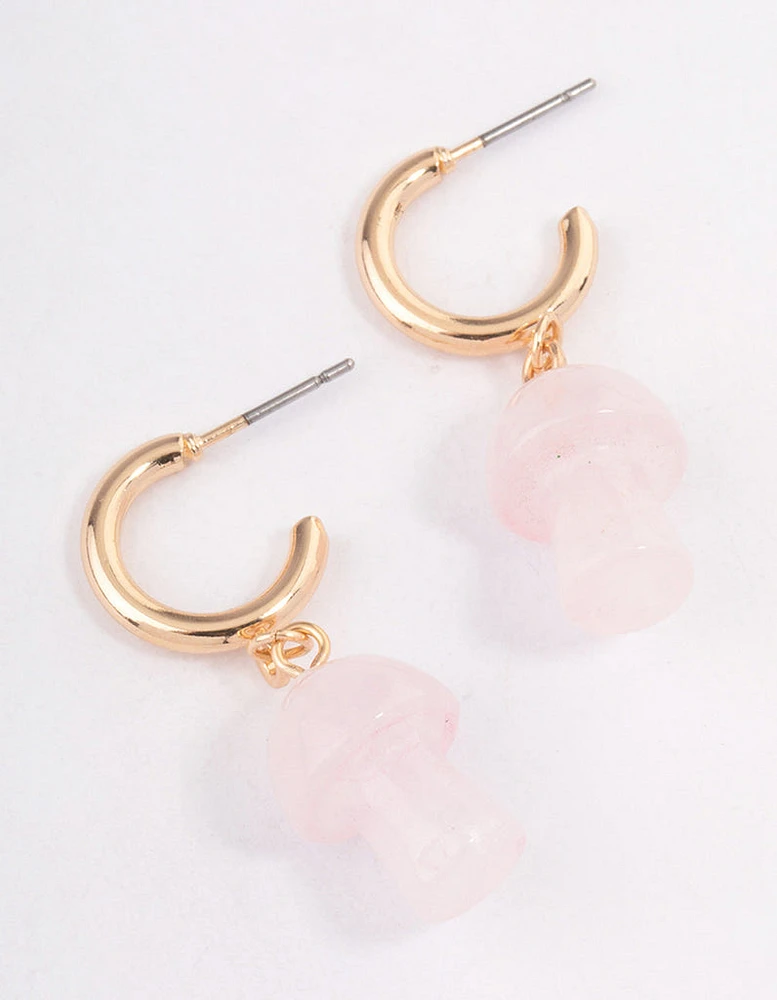 Gold Rose Quartz Moon & Mushroom Huggie Earrings