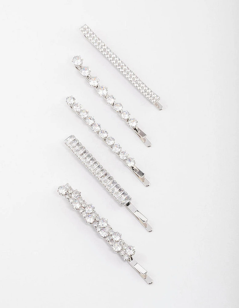 Rhodium Cubic Zirconia Mixed Stone Hair Clips 4-Pack