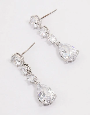 Rhodium Graduating Stone Pear Drop Earrings