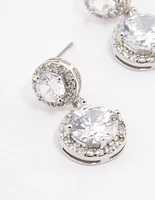 Rhodium Double Halo Round Drop Earrings