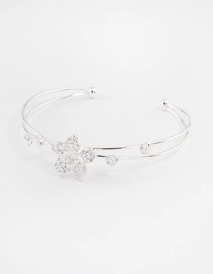 Silver Cubic Zirconia Flower Cross Over Cuff Bangle