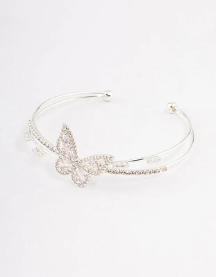 Silver Cubic Zirconia Butterfly Cross Over Cuff Bangle