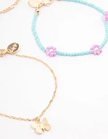 Gold Flower Butterfly Anklet 4-Pack