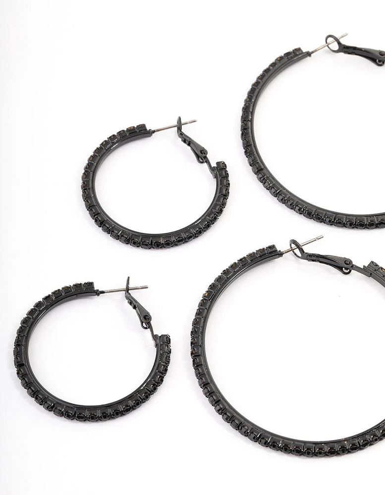 Coated Black Mixed Size Diamante Hoop Earrings