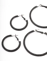 Coated Black Mixed Size Diamante Hoop Earrings