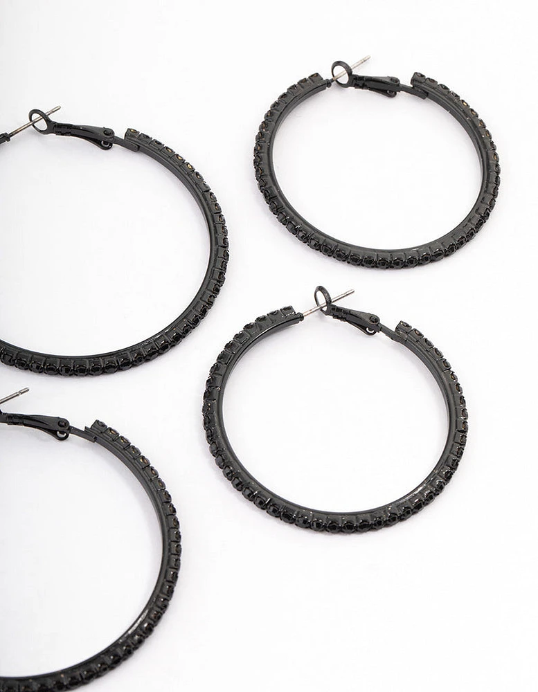 Coated Black Mixed Size Diamante Hoop Earrings