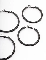 Coated Black Mixed Size Diamante Hoop Earrings