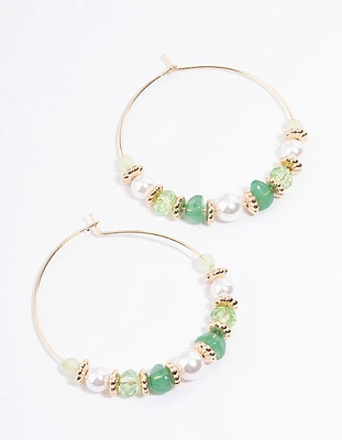 Green Mixed Facet & Pearl Hoop Earrings