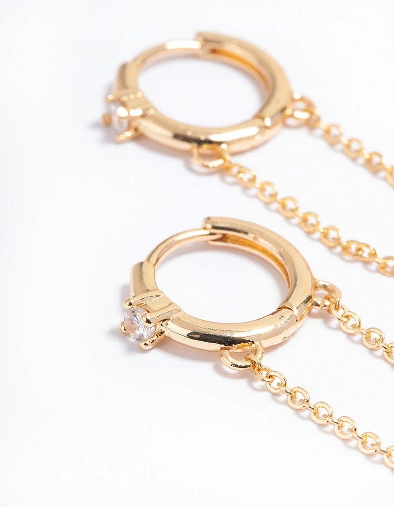 Gold Simple Diamante & Chain Huggie Earrings