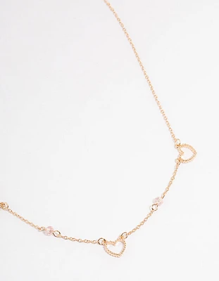 Gold Open Heart & Beaded Station Necklace