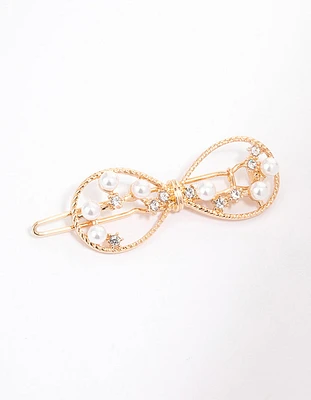 Gold Dainty Pearl Open Bow Clip