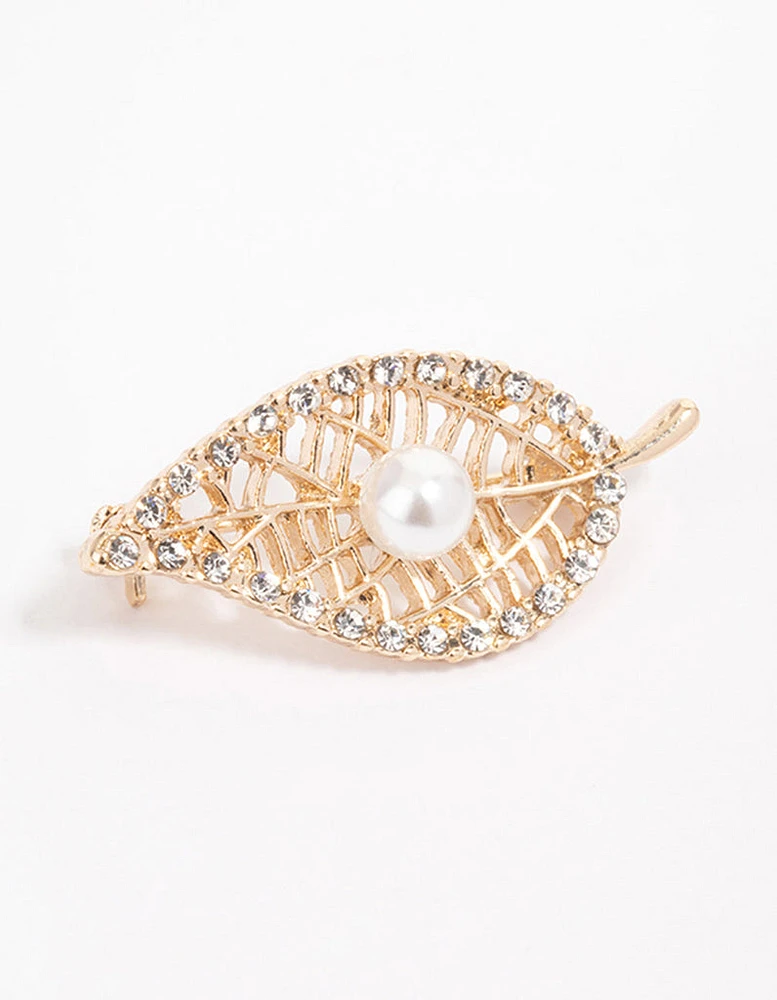 Gold Open Leaf Diamante & Pearl Brooch