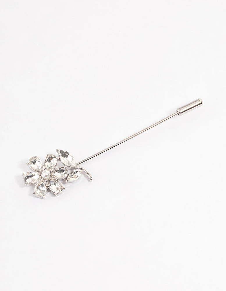 Rhodium Diamante Flower Pearl Scarf Pin