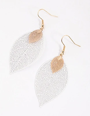 Gold Double Leaf Drop Earrings