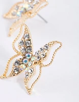 Gold Large Diamante Butterfly Stud Earrings