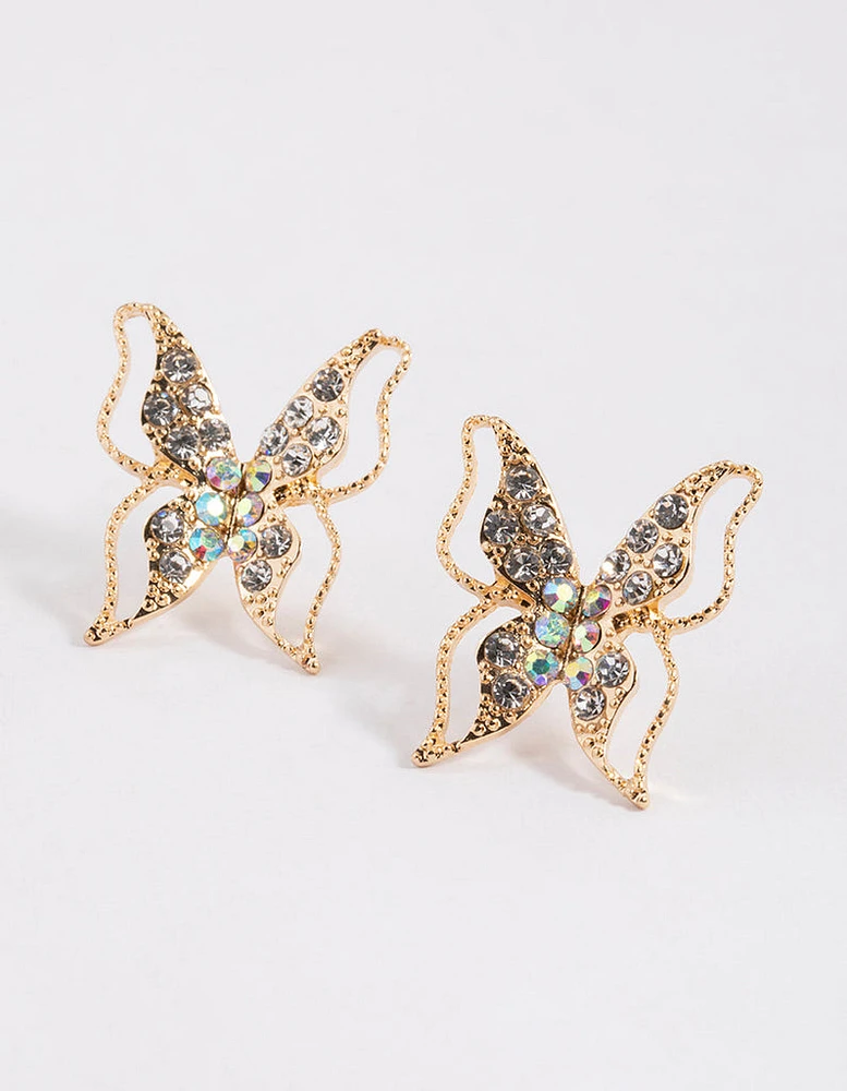 Gold Large Diamante Butterfly Stud Earrings