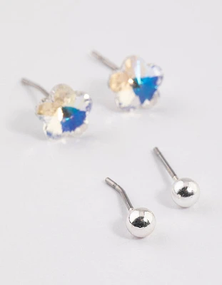 Silver Ball & Flower Earrings Pack