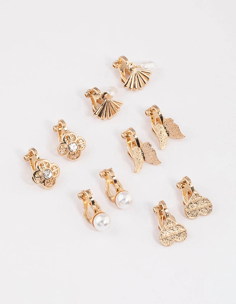 Gold Mixed Fan & Pearl Drop Earrings 5-Pack