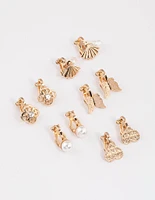 Gold Mixed Fan & Pearl Drop Earrings 5-Pack