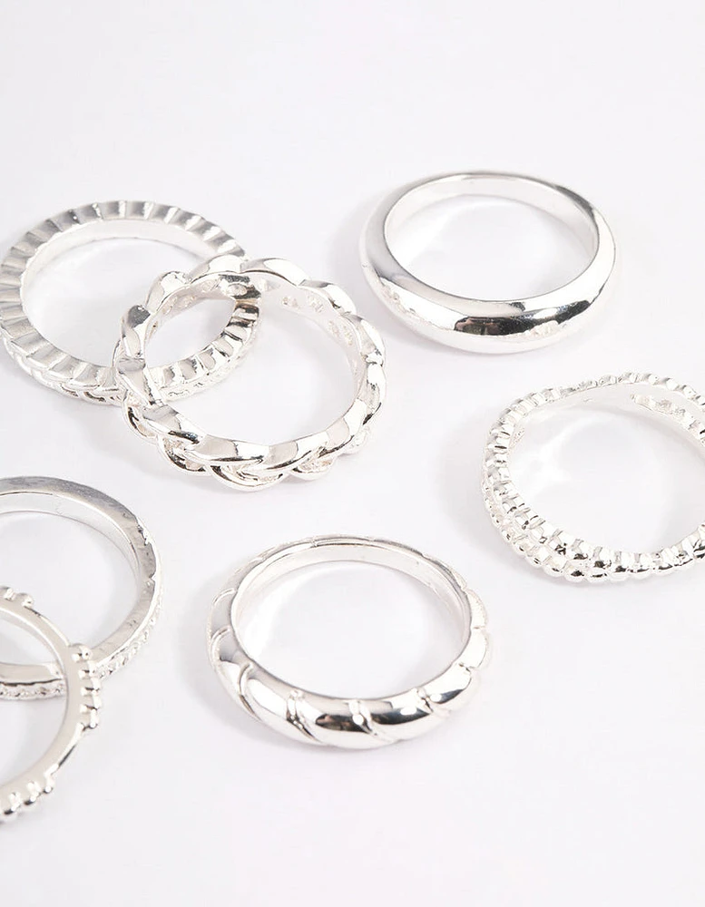 Silver Plain & Molten Twisted Ring 8-Pack