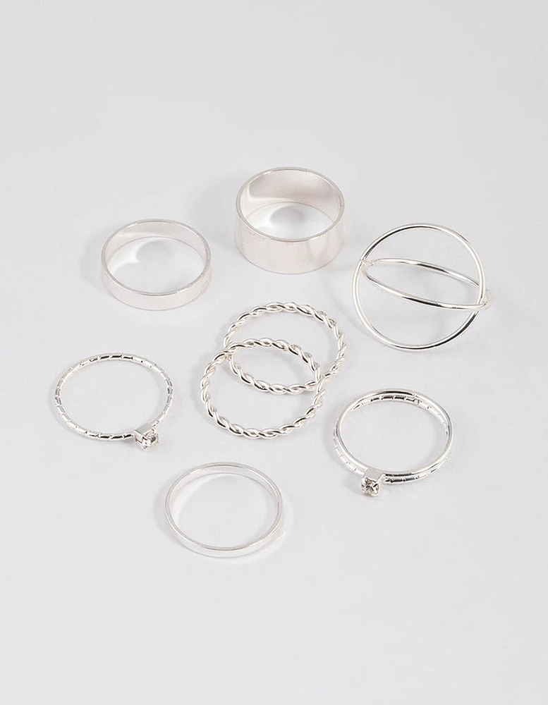 Silver Thick & Diamante Ring 8-Pack