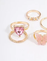 Gold Heart & Butterfly Ring 7-Pack