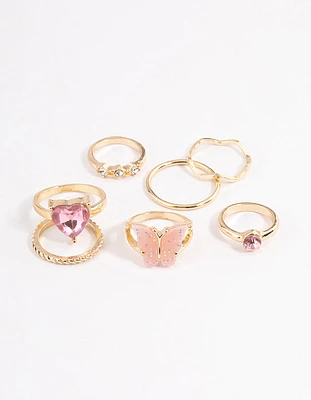 Gold Heart & Butterfly Ring 7-Pack