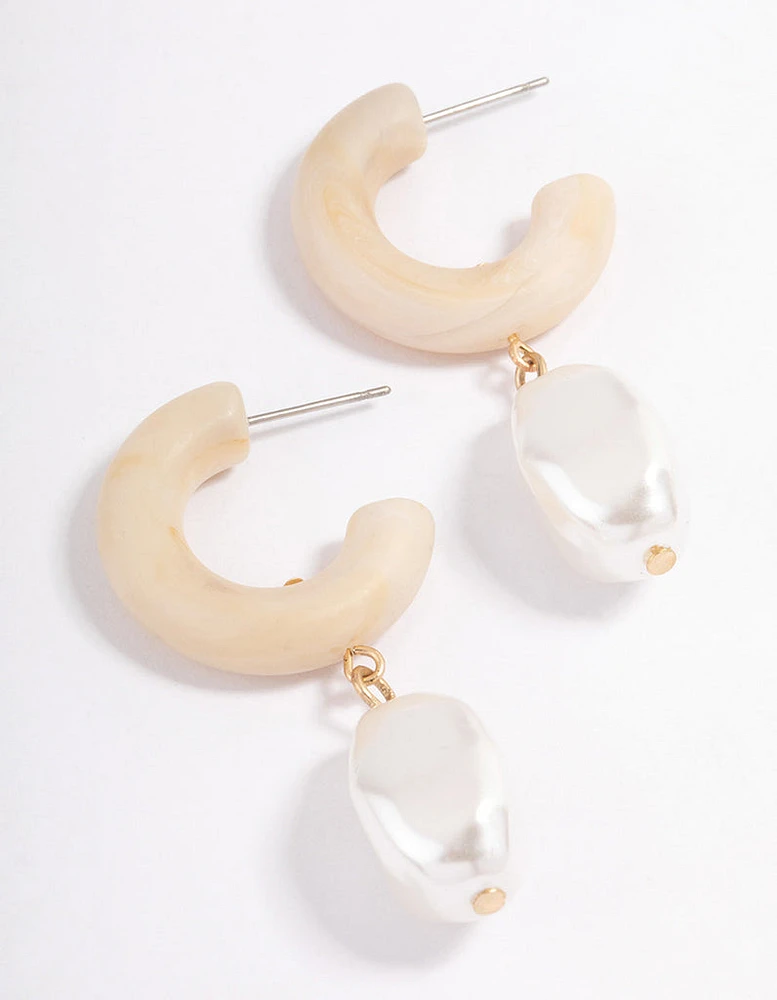 Gold Thick Hoop Pearl Drop Earrings