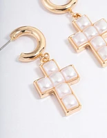 Gold Pearl Cross Earrings