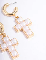 Gold Pearl Cross Earrings