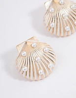 Gold Shell Pearl Stud Earrings