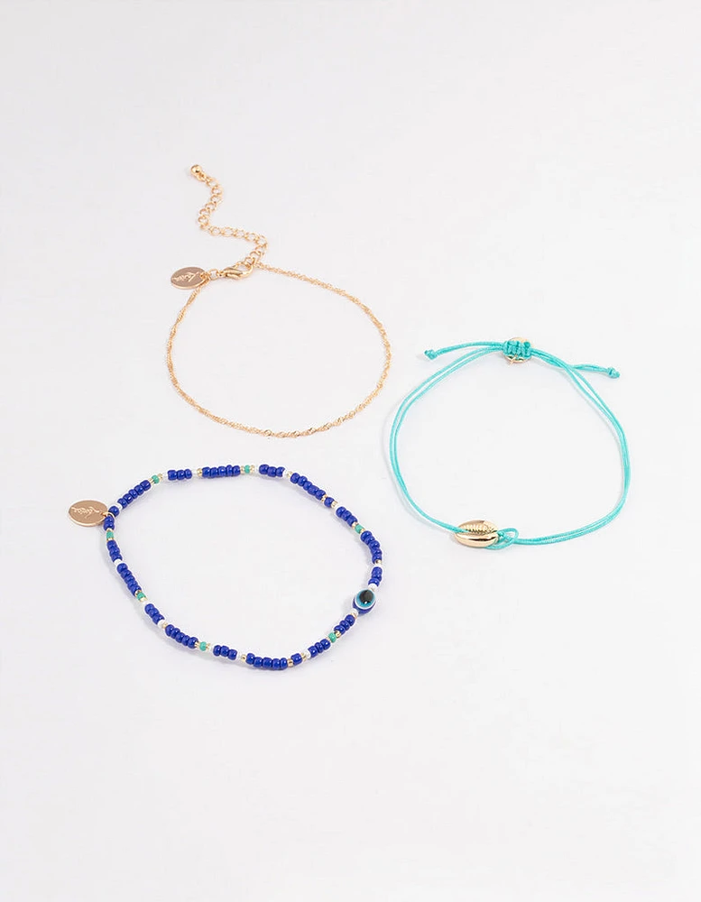 Gold Evil Eye Shell Anklet Pack