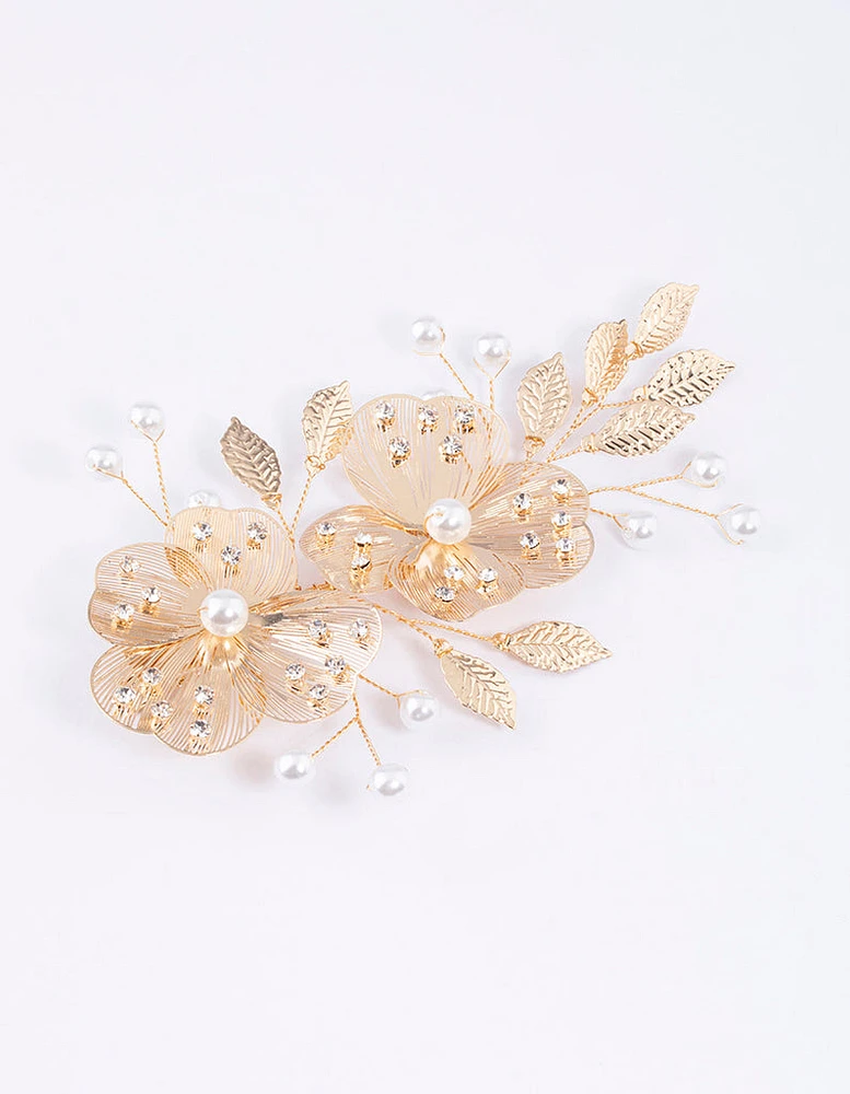 Gold Pearl Etched Flower Hair Clip