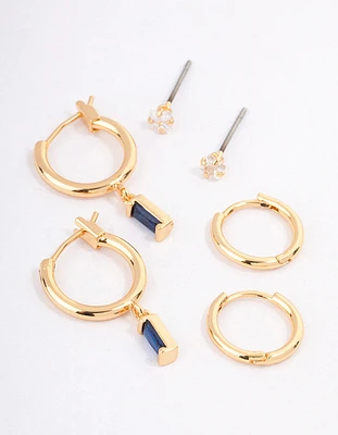 Gold Plated Cubic Zirconia Emerald Cut Huggie Earrings Pack
