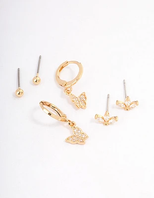 Gold Plated Cubic Zirconia Butterfly Huggie Earrings Pack